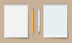 Blank spiral notebook mockup for corporate identity and branding. Realistic notepad with pen and pencil isolated vector illustration