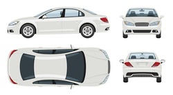 White car vector template with simple colors without gradients and effects. View from side, front, back, and top. 
