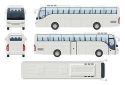 Coach bus vector template with simple colors without gradients and effects. View from side, front, back, and top