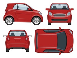 Small car vector template with simple colors without gradients and effects. View from side; front; back; and top
