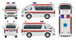 Ambulance car vector template with simple colors without gradients and effects. View from side, front, back, and top