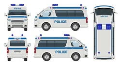 Police car vector template with simple colors without gradients and effects. View from side, front, back, and top