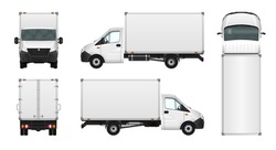 Van vector mock-up. Isolated template of box truck on white background. Vehicle branding mockup. Side, front, back, top view. All elements in the groups on separate layers. Easy to edit and recolor.