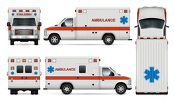 White ambulance car vector mock-up. Isolated medical van template on white background. All layers and groups well organized for easy editing and recolor. View from side, front, back and top.