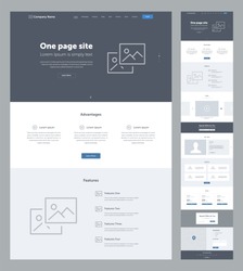 One page website design template for business. Landing page wireframe. Flat modern responsive design. Ux ui website: home, advantages, features, video, team, partners, prices, contacts, email, form.