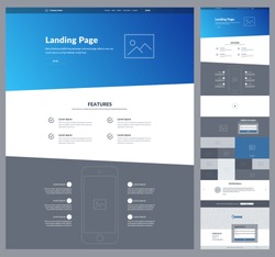 One page website design template for business. Modern landing page responsive wireframe. Ux ui website: about us, features, video, gallery, order, subscribe, testimonials, map, questions, contacts