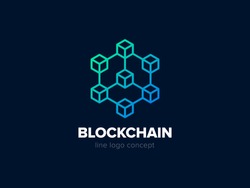 Blockchain line icon logo concept on dark background. Cryptocurrency data sign design. Abstract geometric block chain technology business sign. Vector illustration