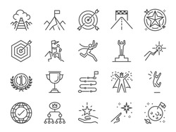 Goal and achievement icon set. Included the icons as achieve, success, target, roadmap, finish, celebrate, happy and more.