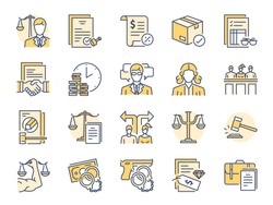 Legal services filled color line icon set. Included icons as law, lawyer, judge, court, advocacy and more.