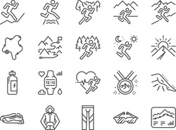 Trail running line icon set. Included icons as runner, sport, healthy, mountain course, marathon and more.