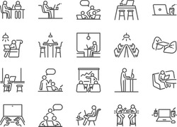 Co-working space line icon set. Included icons as coworkers, coworking, sharing office, business, company, work and more.