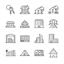 Property and accommodation icon set. Included the icons as home, house, palace, resort, apartment, tower and more.