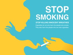 Stop Smoking Poster. Yellow and blue smoke with cigarette in the hand concept.