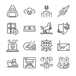 Hacker icon set. Included the icons as hacking, malware, worm, spyware, computer virus, criminal and more.