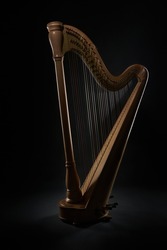 Harp isolated in low light - strings instrument in studio - artistic harp in studio