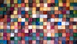 Colorful wood block stack on the wall for background, Abstract colorful wood texture. 