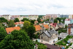 A bird's-eye view of the city on a summer day. the urban landscape of Zelenogradsk with a view of the city.