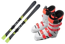 Pair ski boots and alpine skis isolated on white background. Modern sport outdoor equipment isolated. Sport equipment for skiing. 