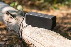 Portable wireless speaker for listening to music on a log in the forest.