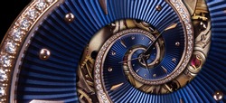 Time spiral concept. Round blue diamond golden clock with hands and mechanism twisted to surreal spiral. Timeless watch Abstract background. Limitless spiral clock