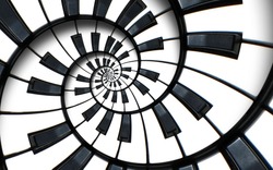 Unusual abstract piano keyboard spiral background fractal like endless staircase. Black and white piano keys  screwed into round spiral repetitive pattern. Music concept distorted circle backdrop..