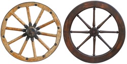 Isolated on white set classic old antique wooden wagon horse carriage wheel rim spoke with black metal brackets and rivets. Traditional old iron cannon wheel. Wheel rim spokes. Wooden carriage wheel