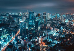Cityscape of Tokyo city skyline at night in Japan, Cyberpunk color style