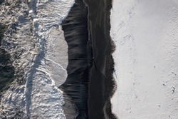 Iceland Black Sand Beach and Snow During the Winter Bird's Eye View