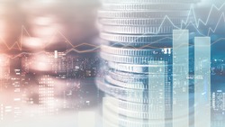 Double exposure of graph and rows of coins in soft color for finance and business concept