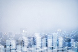 Double exposure of city, graph, rows of coins and blank space for finance and business concept