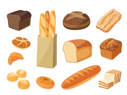Set of cartoon food: ciabatta, whole grain bread, bagel, french baguette, croissant and so. Vector illustration, isolated on white, eps 10.