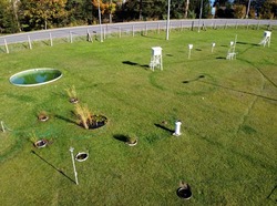 A meteorological garden with many devices for measuring weather phenomena. Equipment on meteorological station to monitor weather events