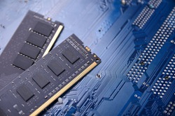 Computer RAM on motherboard background . Close up. Computer components