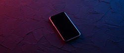 Mobile smartphone on dark red blue neon colors. Mock up.Perspective view. The layout of the device. Presentation of the interface design