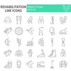 Rehabilitation thin line icon set, therapy symbols collection, vector sketches, logo illustrations, physiotherapy signs linear pictograms package isolated on white background, eps 10.