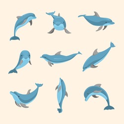 Cartoon Characters Funny Dolphin Set Ocean Mammal Different Poses Concept Element Flat Design Style. Vector illustration of Dolphins