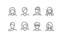 Female Face Various Types Signs Thin Line Icon Set Include of Avatar User, Portrait or Person Head. Vector illustration of Icons