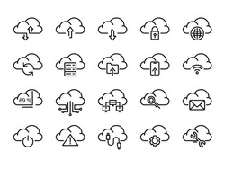 Cloud Storage Sign Black Thin Line Icon Set Connection, Information Data and Sharing Concept. Vector illustration of Icons