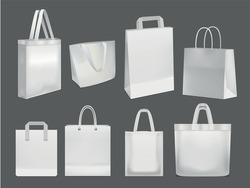 Realistic Detailed 3d Blank White Shopping Bags Empty Template Mockup Set. Vector illustration of Paper Bag