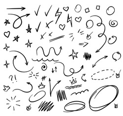 Doodle Swash Black Thin Line Set Include of Heart, Stroke, Circle and Arrow Sign. Vector illustration