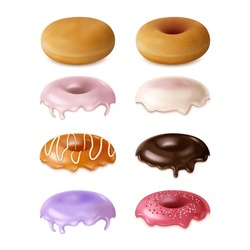 Realistic Detailed 3d Different Types Glazes for Donut Include of Chocolate, Blueberry, Strawberry and Caramel . Vector illustration of Doughnut
