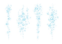  Blue underwater fizzing air bubbles  flow on white  background. Fizzy sparkles in water, sea, aquarium, ocean. Soda pop.  Undersea vector texture.