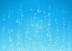 Underwater fizzing air bubbles on blue background. Fizzy sparkles in water, sea, aquarium, ocean. Drink texture. Undersea vector illustration.