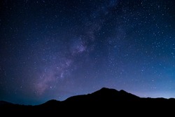 Mountains, the Milky Way, and stars in the beautiful night sky.