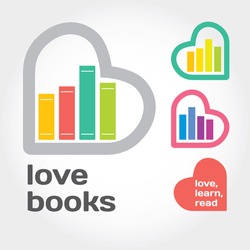 Sign with books and hearts about love to read. Modern flat vector illustration with place for text. Layered file