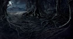 creepy trees with twisted roots in the night jungle forest. Scary concept.