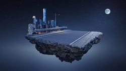 Fantasy floating island with modern city skyline at moon night. Asphalt road at center. Abstract idea and concept.