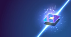 CPU isometric banner. Control Computer Processors CPU concept. Vector Futuristic microchip processor with lights on the blue background. Quantum computer, large data processing, database concept. 