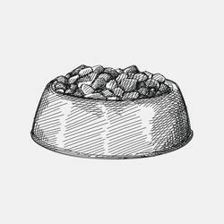 Hand-drawn sketch of Pet Food Bowl on a white background. Bowl with food for dogs or cats. Pet supplies. Care for home animals. 