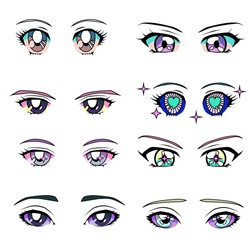 Set of cartoon anime eyes of male and female characters, japanese manga kawaii style. Vaporwave aesthetics vector illustration for fashion print, poster, cover ect.